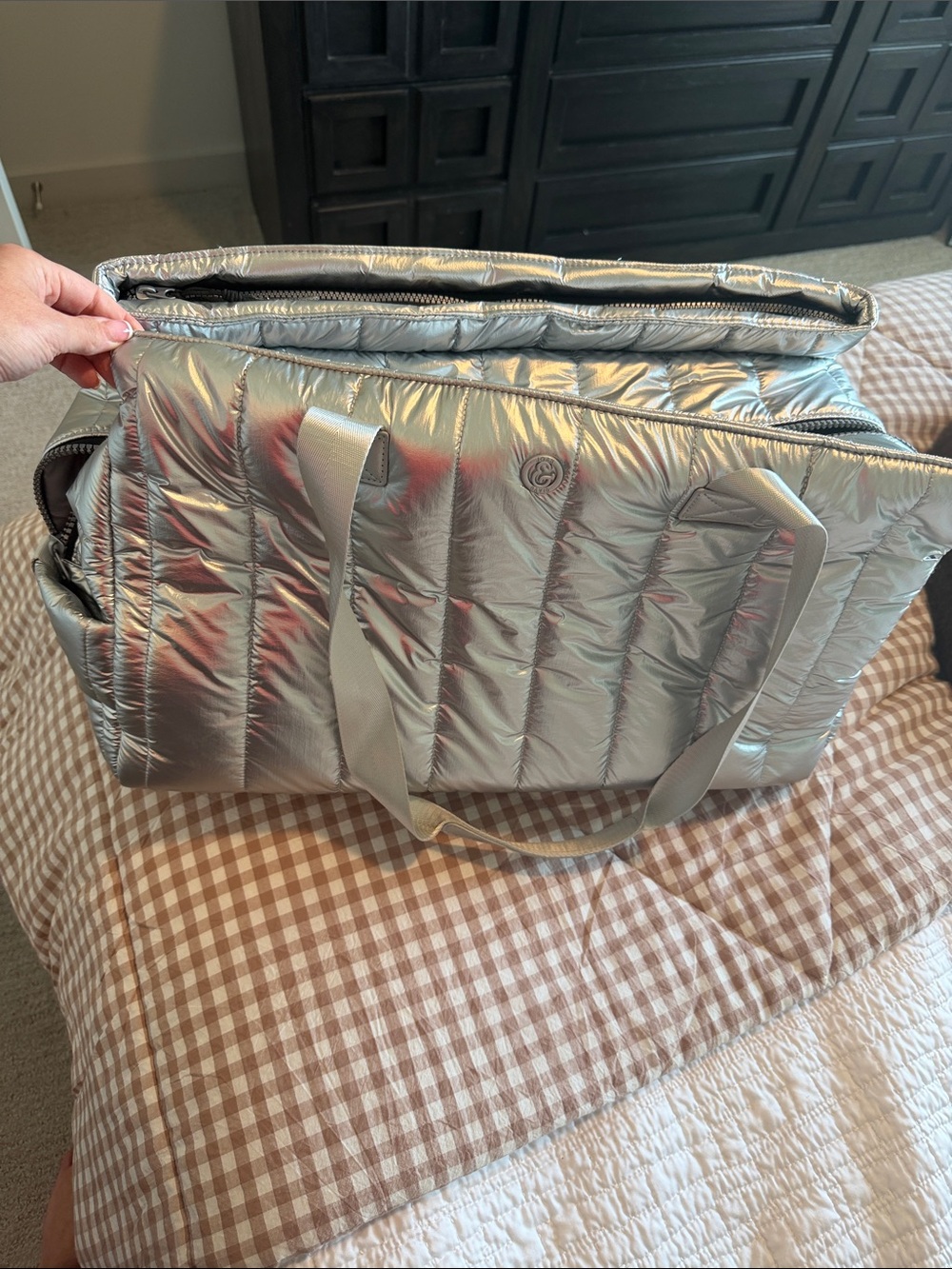 Joan & David Metallic Silver Quilted Travel Tote